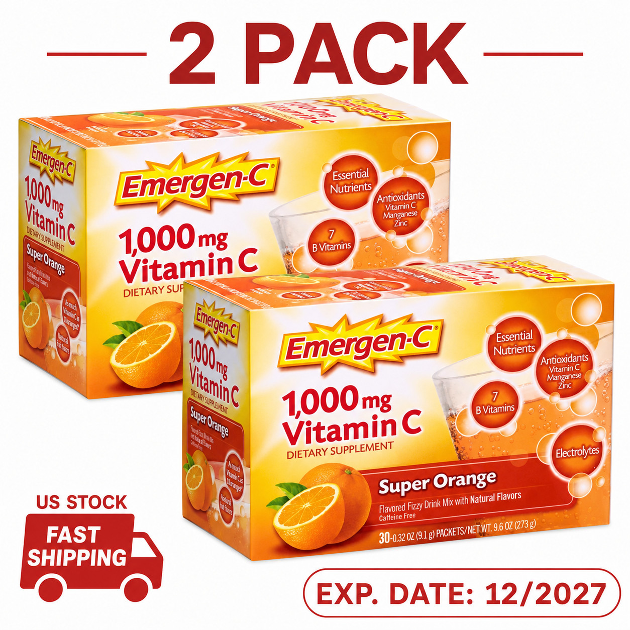Emergen-C 1000mg Vitamin C Super Orange 30 Packets (2 Pack) EXP 12/2027 USA