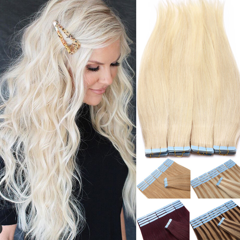 Invisible Tape In Human Hair Extensions Full Head Skin Weft Blonde Thick Glue US