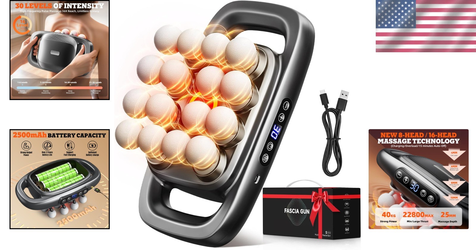 Portable 16-Head Deep Tissue Massager – Customizable, Quiet & Easy to Use, Black