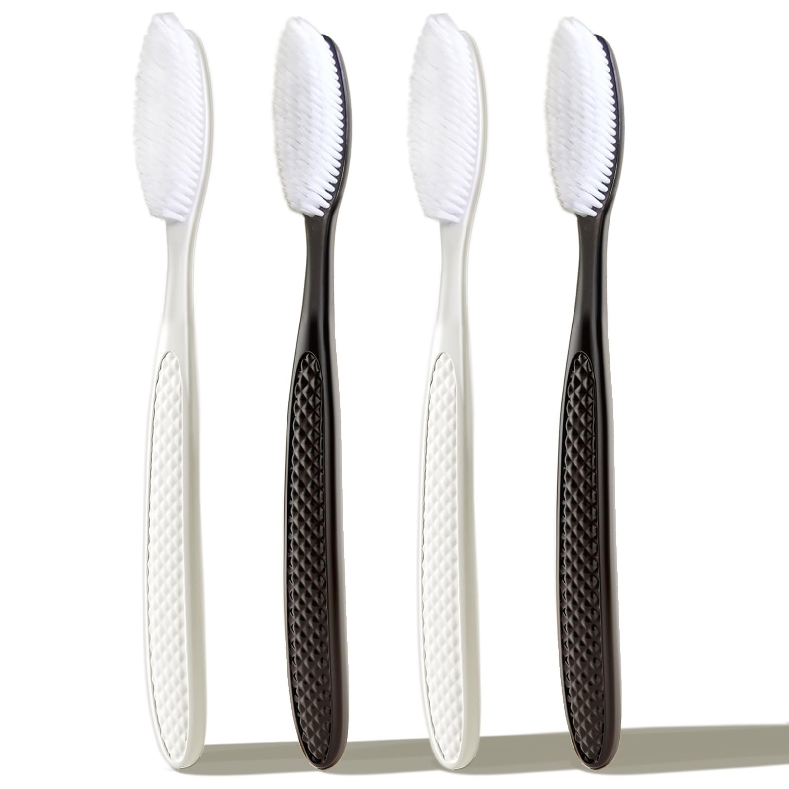 Large Long Head Toothbrush, 4-Pack, Upgraded Hard & Firm Charcoal Bristles, Whit