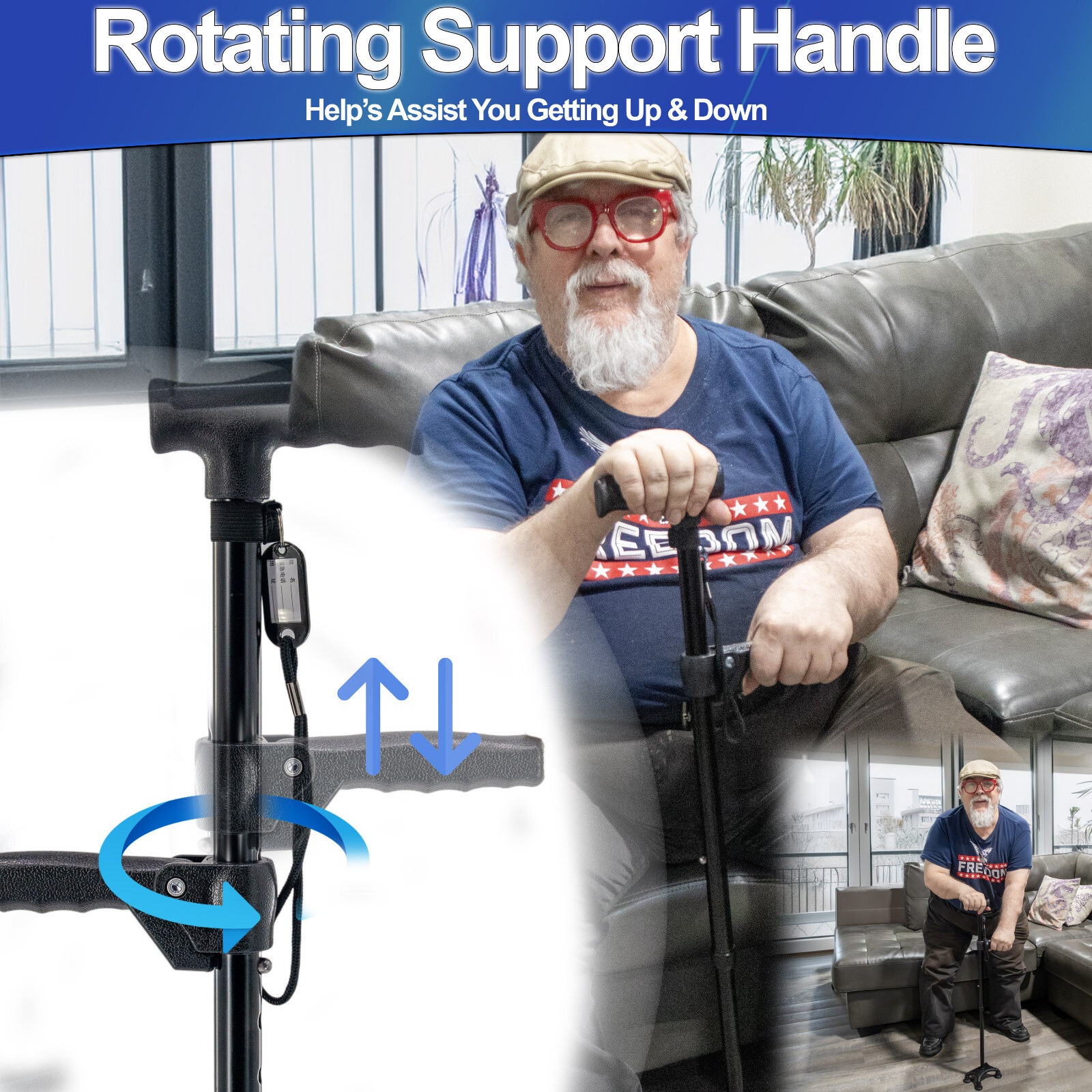Walking Stick Cane Quad Four Prong Base, Adjustable Dual Handle, Self Standing
