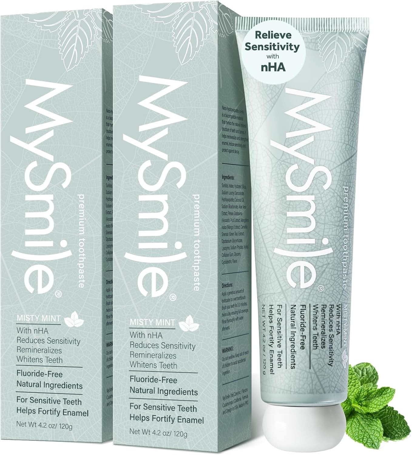 MySmile Nano Hydroxyapatite Toothpaste Fluoride Free Sensitive Relief Mint 4.2oz