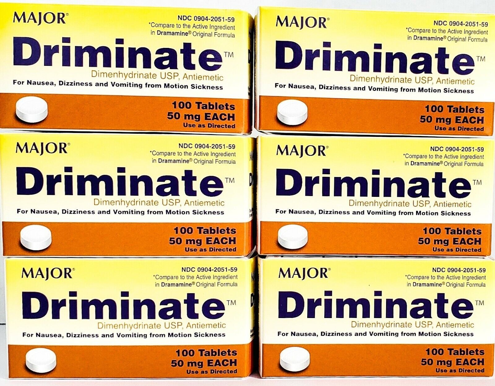 Major Driminate or Motion Sickness (Compare to Dramamine) 100ct Each – (6 Pack)