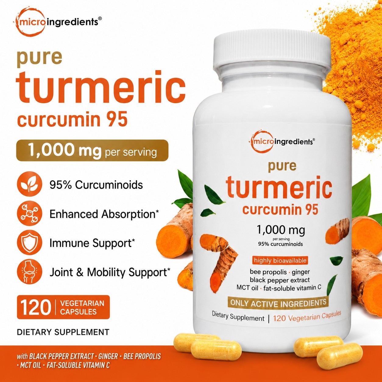 Turmeric Curcumin 95% 1000mg 120 Caps Vegetarian Gluten-Free