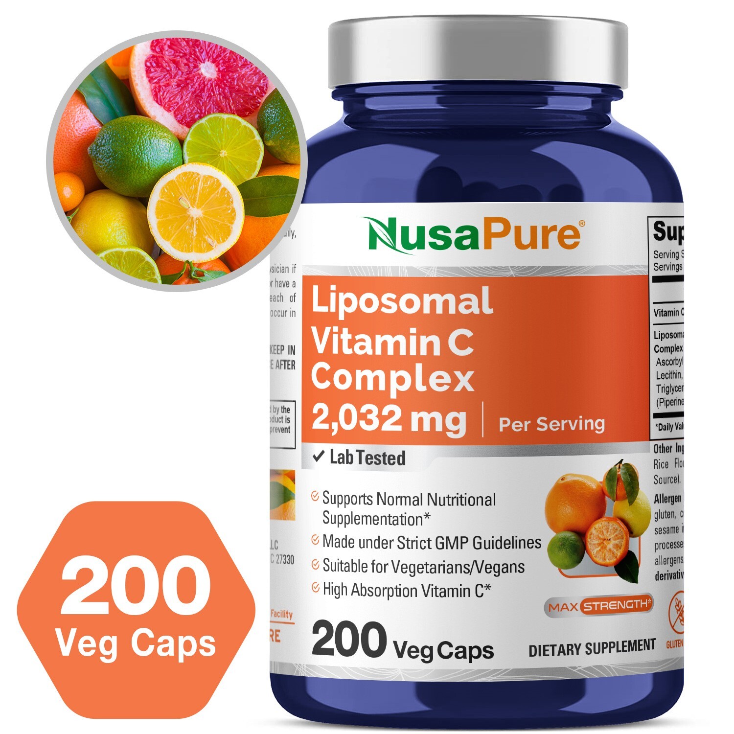 NusaPure Liposomal Vitamin C 2032mg – 200 Veggie Capsules with BioPerine