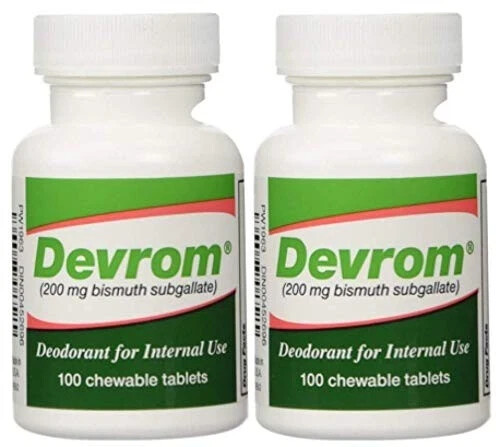 2 Bottles Devrom® Chewable Tablets (internal deodorant), 100 tablets per bottle