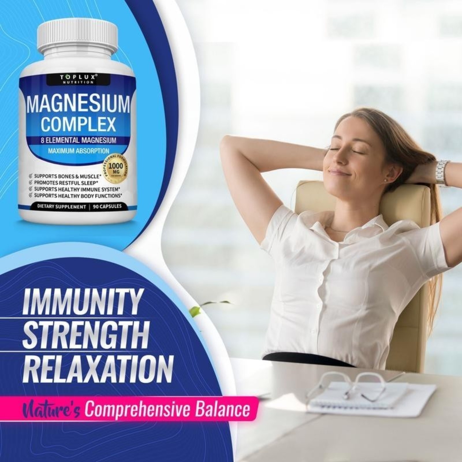 2Pack Magnesium complex supplement: 1000mg of 8-element magnesium, 180 capsules