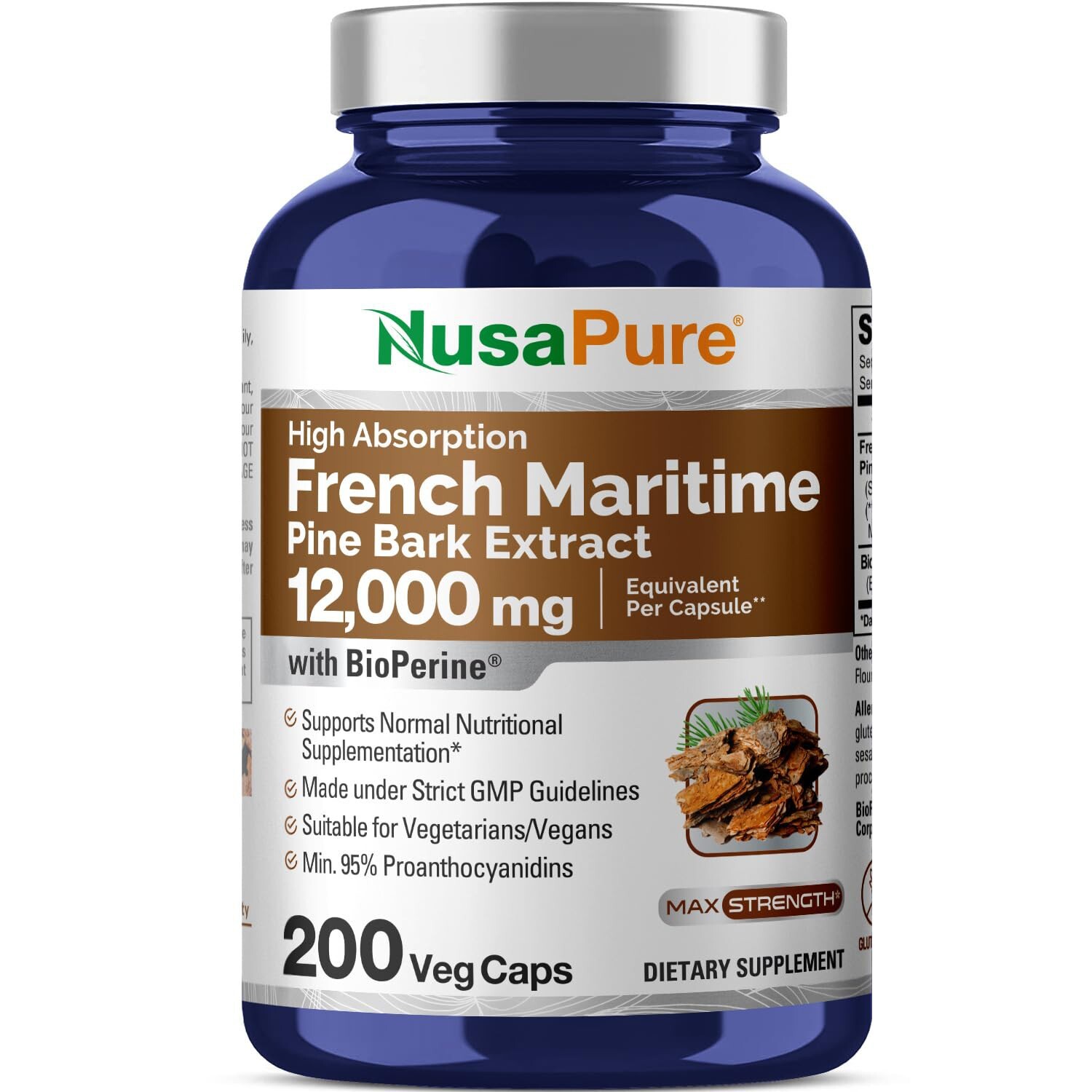 NusaPure French Maritime Pine Bark Extract 12,000 mg Per Veggie Caps 200