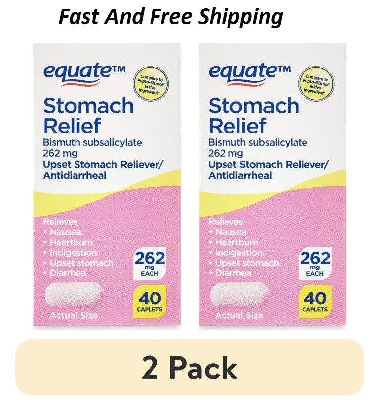 (2 pack) Equate Bismuth Caplets for Upset Stomach and Diarrhea Relief, 262mg, 40