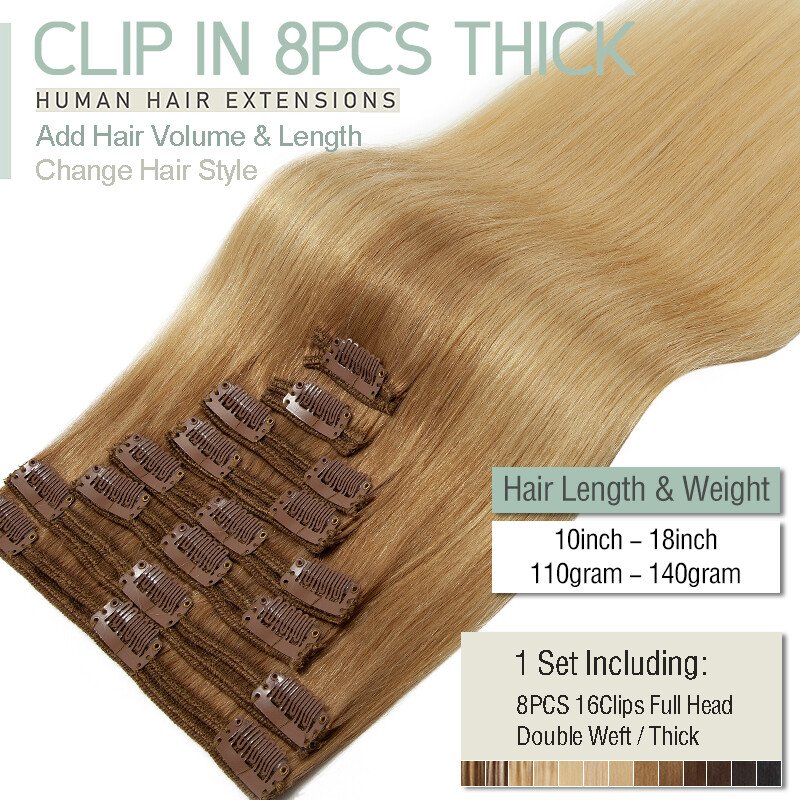 10-24″ Double Weft Clip in 100% Remy Human Hair Extensions Full Head THICK US