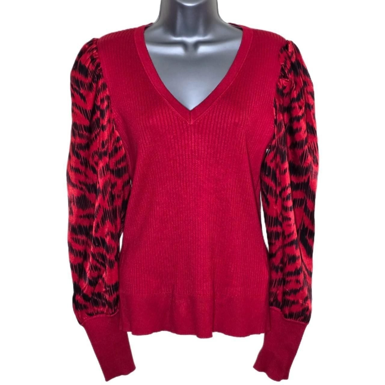 DKNY Red Ribbed Knit V-Neck Sweater with Animal Print Puff Sleeves