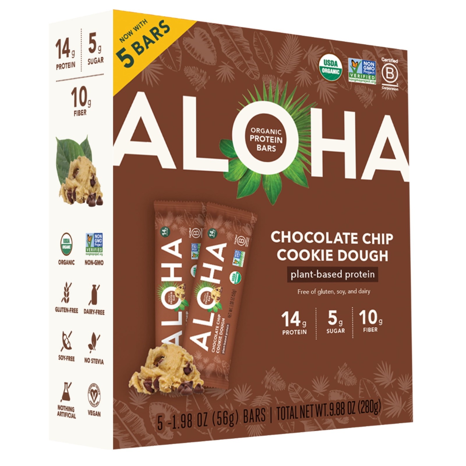 ALOHA Plant Based Protein Bars, Chocolate Chip Cookie Dough, 14g Protein 5 pack