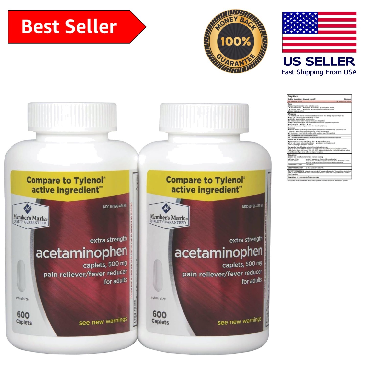 Member’s Mark 500mg Acetaminophen Caplets – 1200 Count Pain Reliever Twin Pack