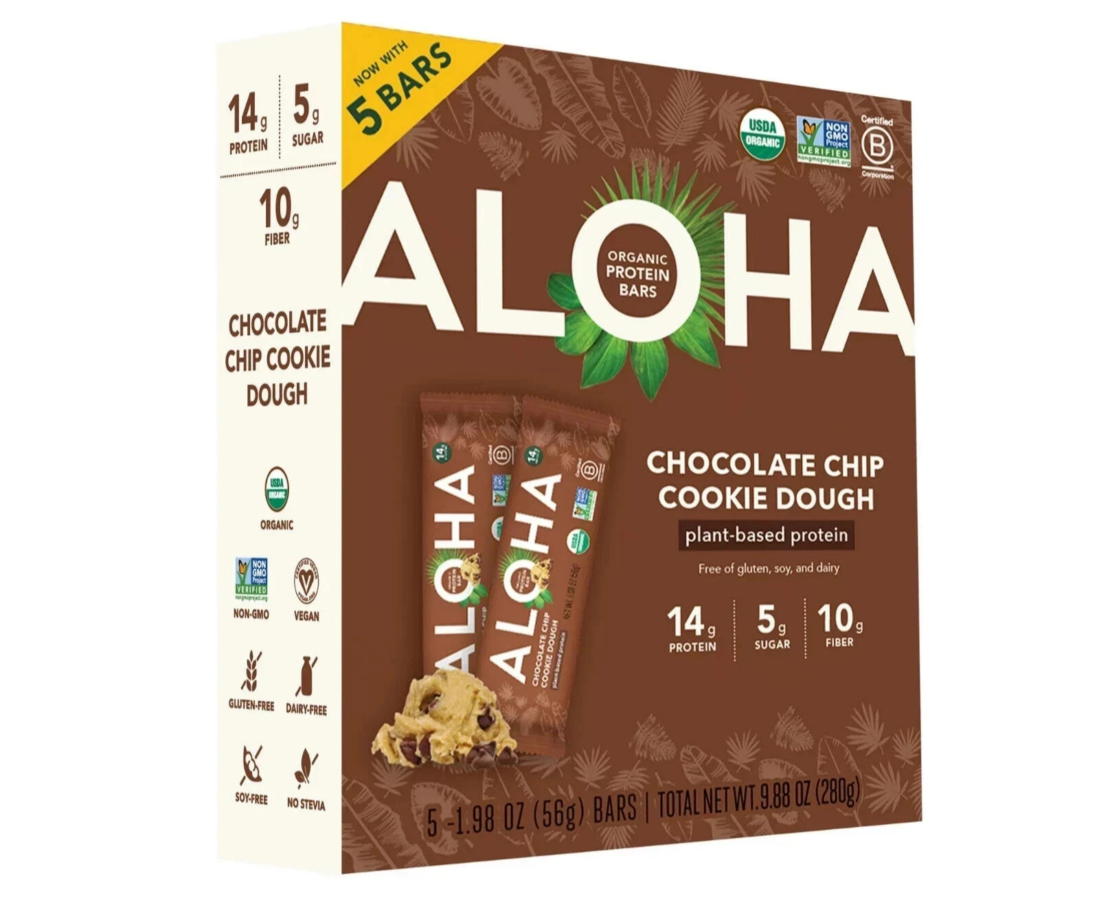 ALOHA Plant Based Protein Bars,Chocolate Chip Cookie,14g Protein (Pack of 2)
