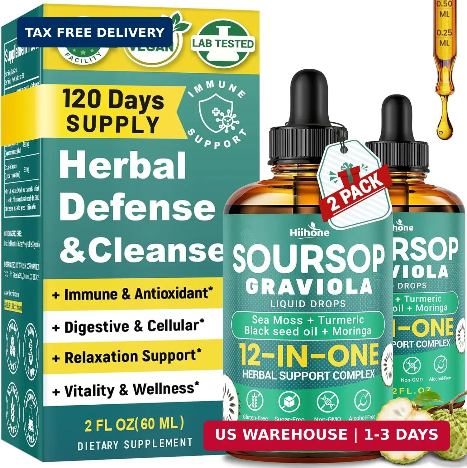 HIIHONE (2 Pack) 12-in-1 Soursop Bitters Liquid Drops with Sea Moss, Black Seed