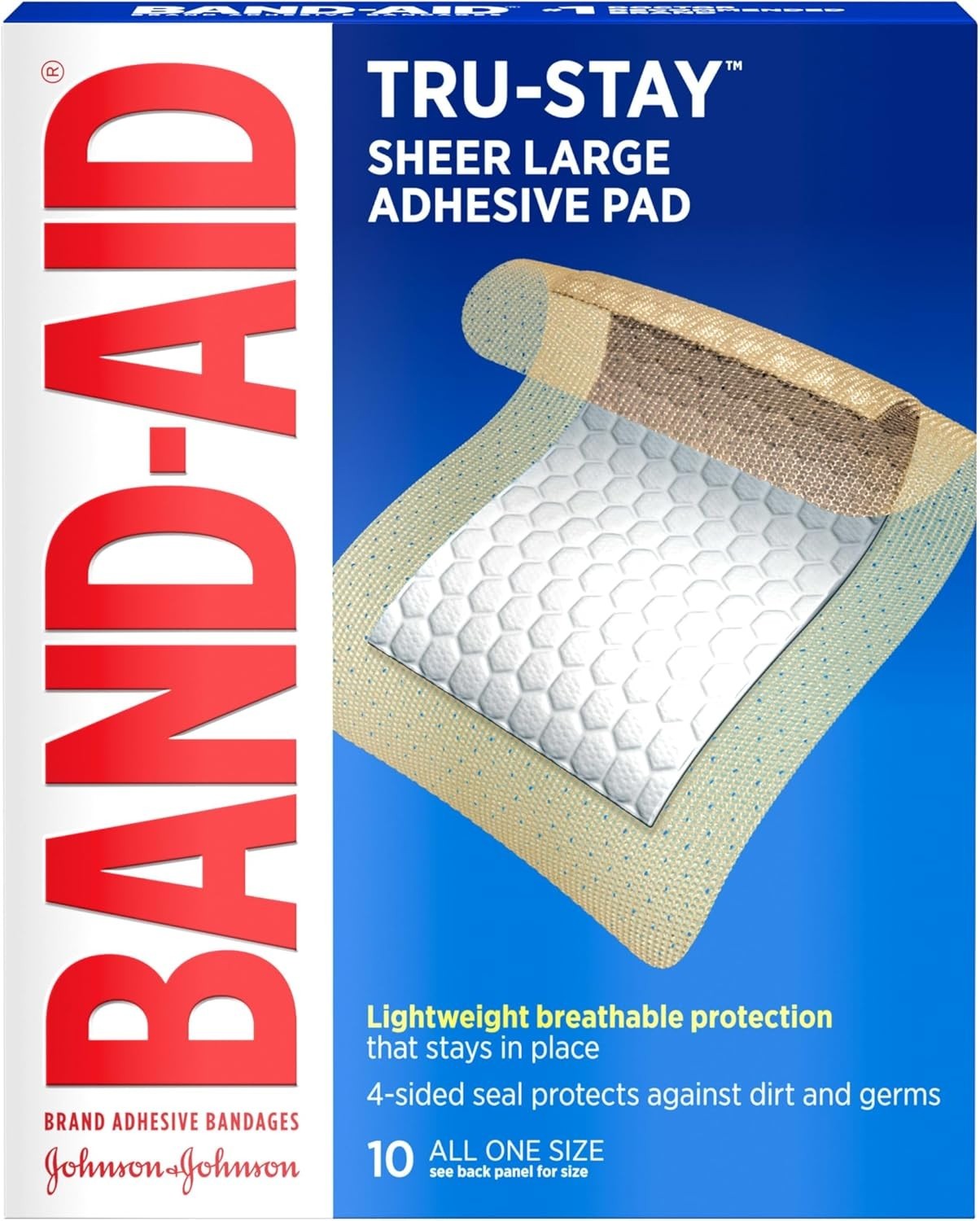 Band-Aid Brand Tru-Stay Adhesive Pads, Large Sterile Bandages for Wound Care, 10