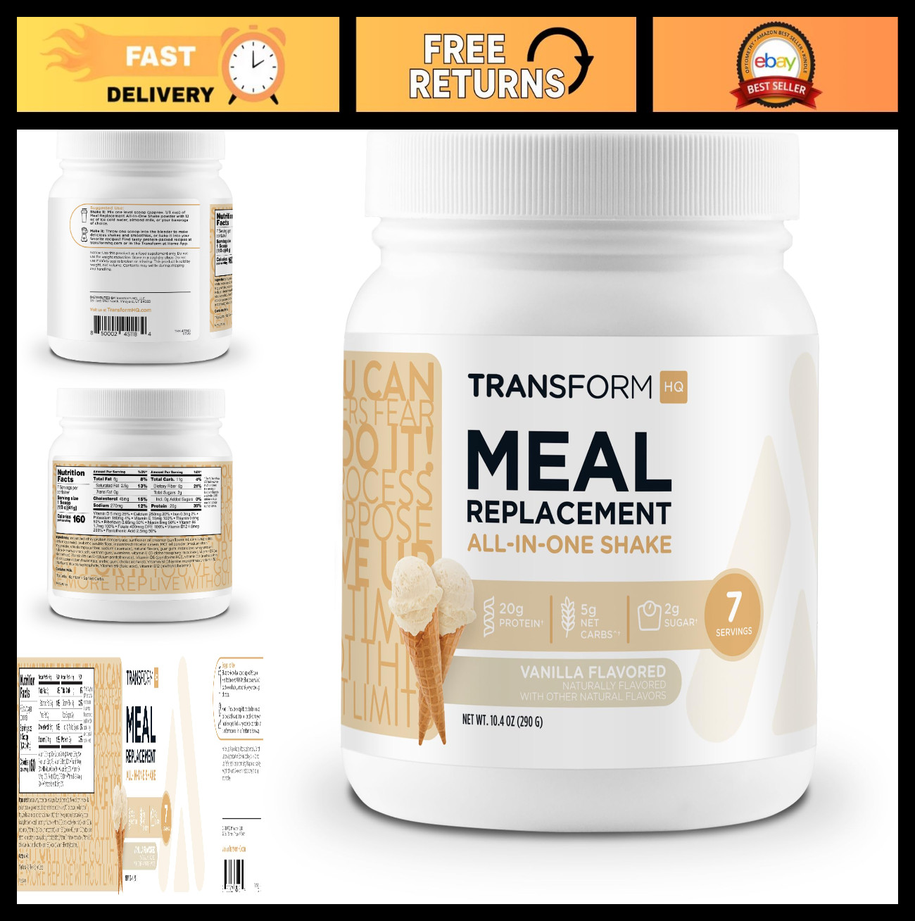 Meal Replacement Shake Powder – Vanilla Flavor, 7 Servings, Gluten-Free, GMO-Fre