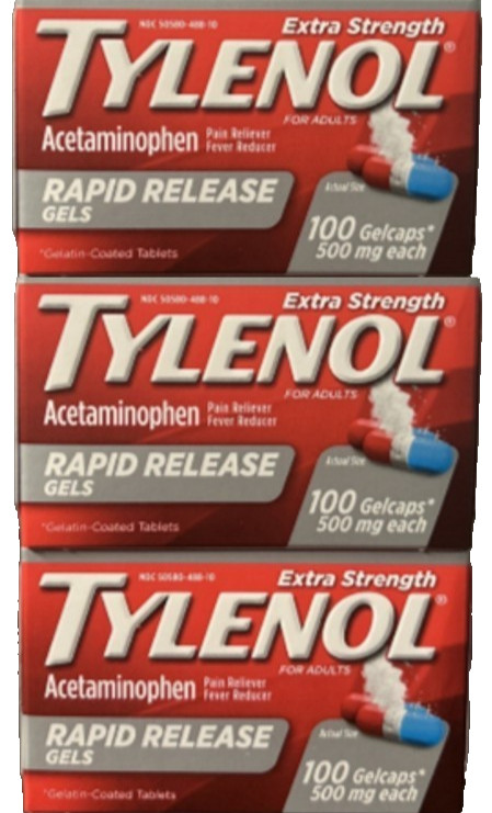 Tylenol Extra Strength Acetaminophen Rapid Release Gelcaps 500mg 100 Count X3