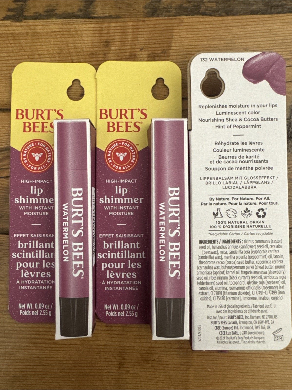 3 Burt’s Bees Lip Shimmer Watermelon 0.09 Oz #132 Vibrant Color New
