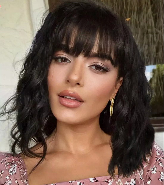 100% Human Hair Fashion Women’s With Bangs Medium Natural Black Wavy Wigs 14 In