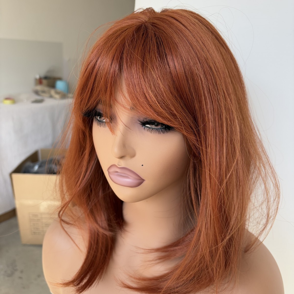 Copper Red Cosplay Party Wigs With Bangs Heat Resistant Hair Short Straight