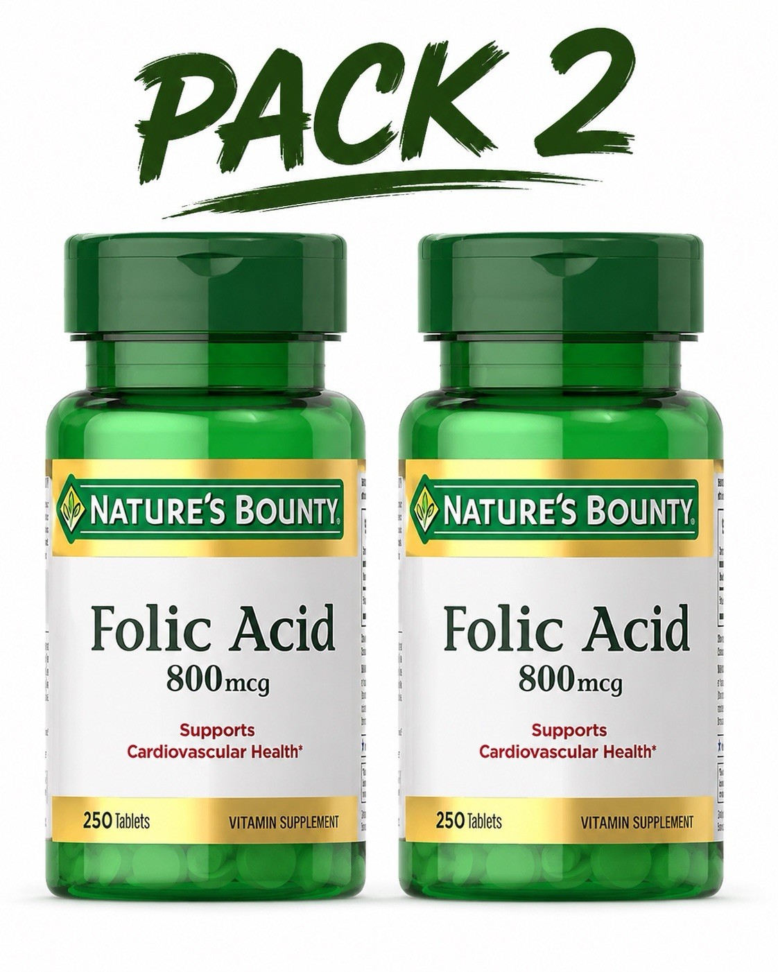 Nature’s Bounty Folic Acid 800 mcg – 250 Tablets Each Exp 03/2030 – Pack 2