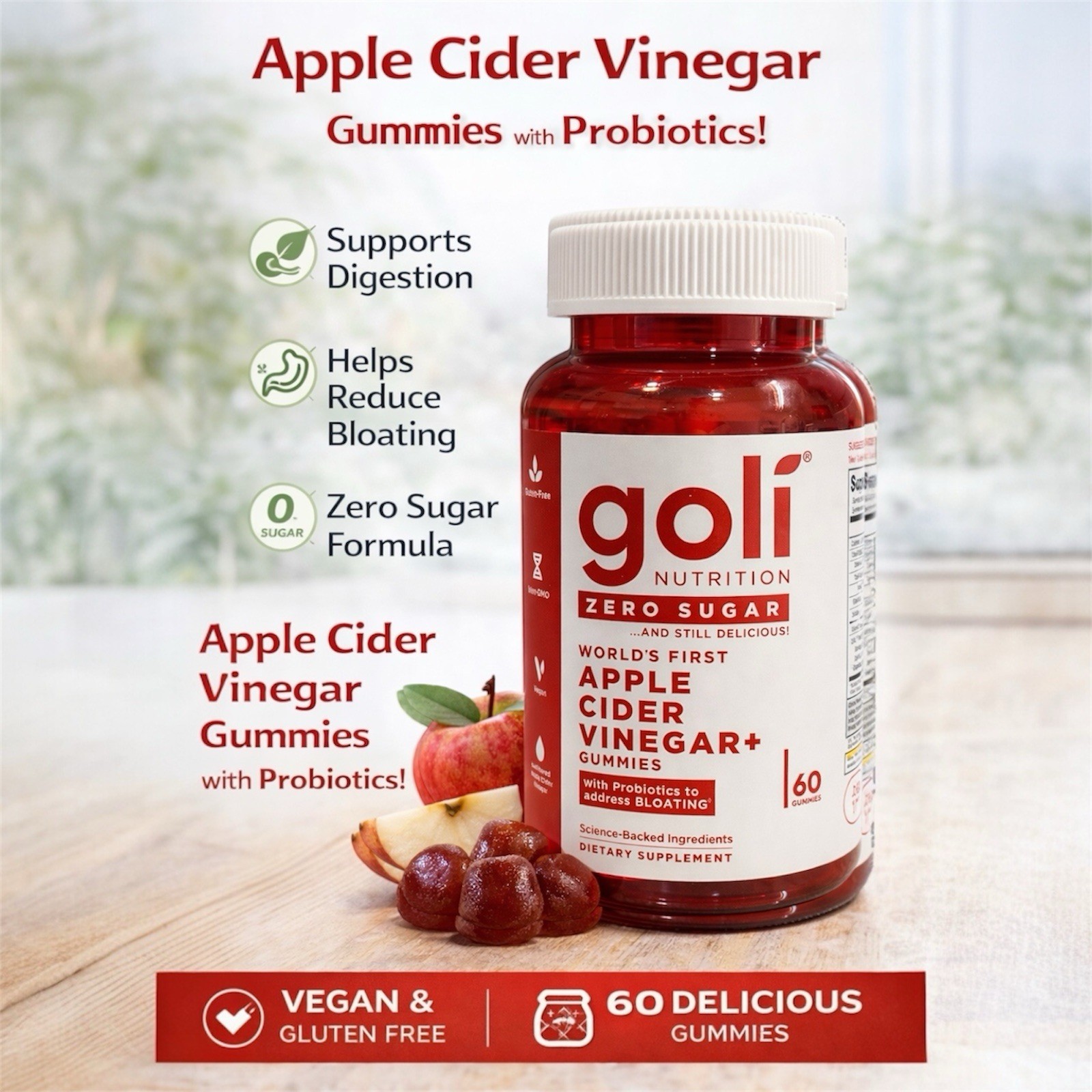 Goli Apple Cider Vinegar Gummies Zero Sugar w/ Probiotics 60 Gummies-NEW!!!
