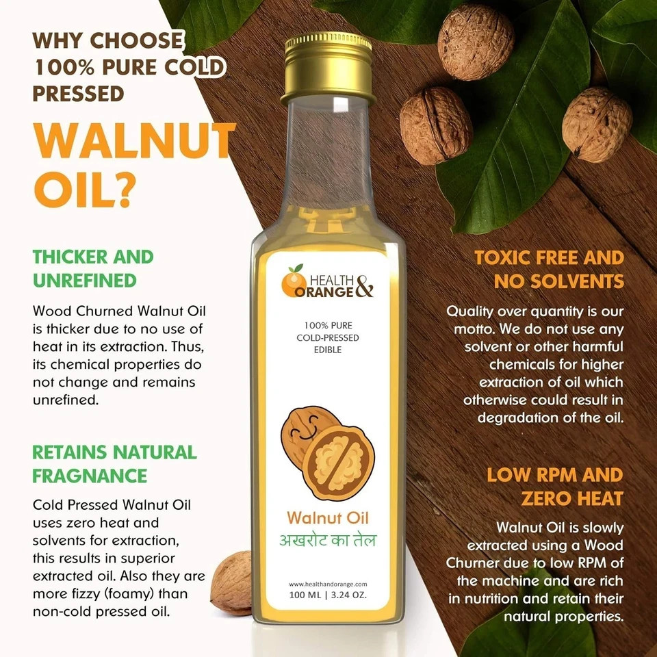 H&O Walnut Oil 100% Pure Cold Pressed Edible Akhrot Ka Tel 100ml Glass Bottle