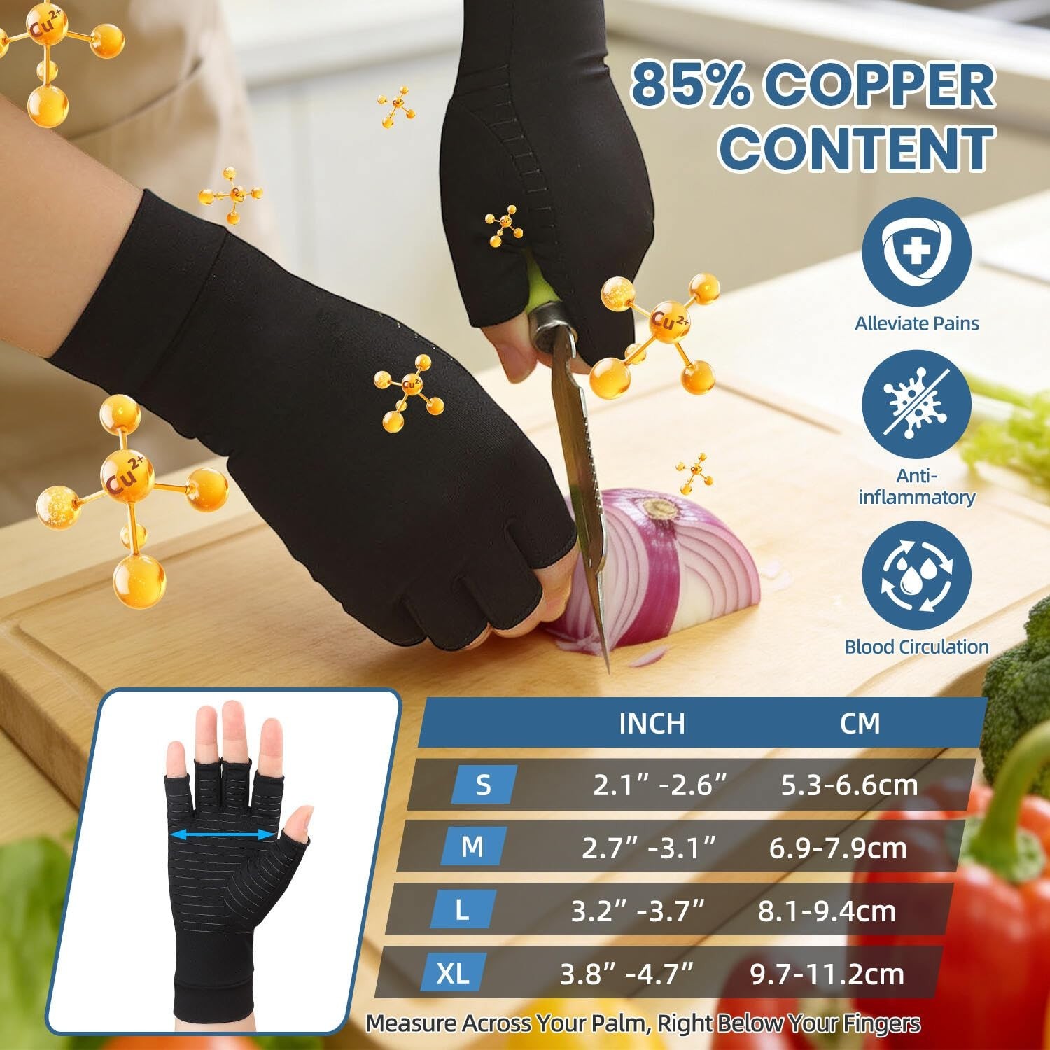 2 Pairs Fingerless Copper Compression Gloves for Arthritis Pain Relief – Medium