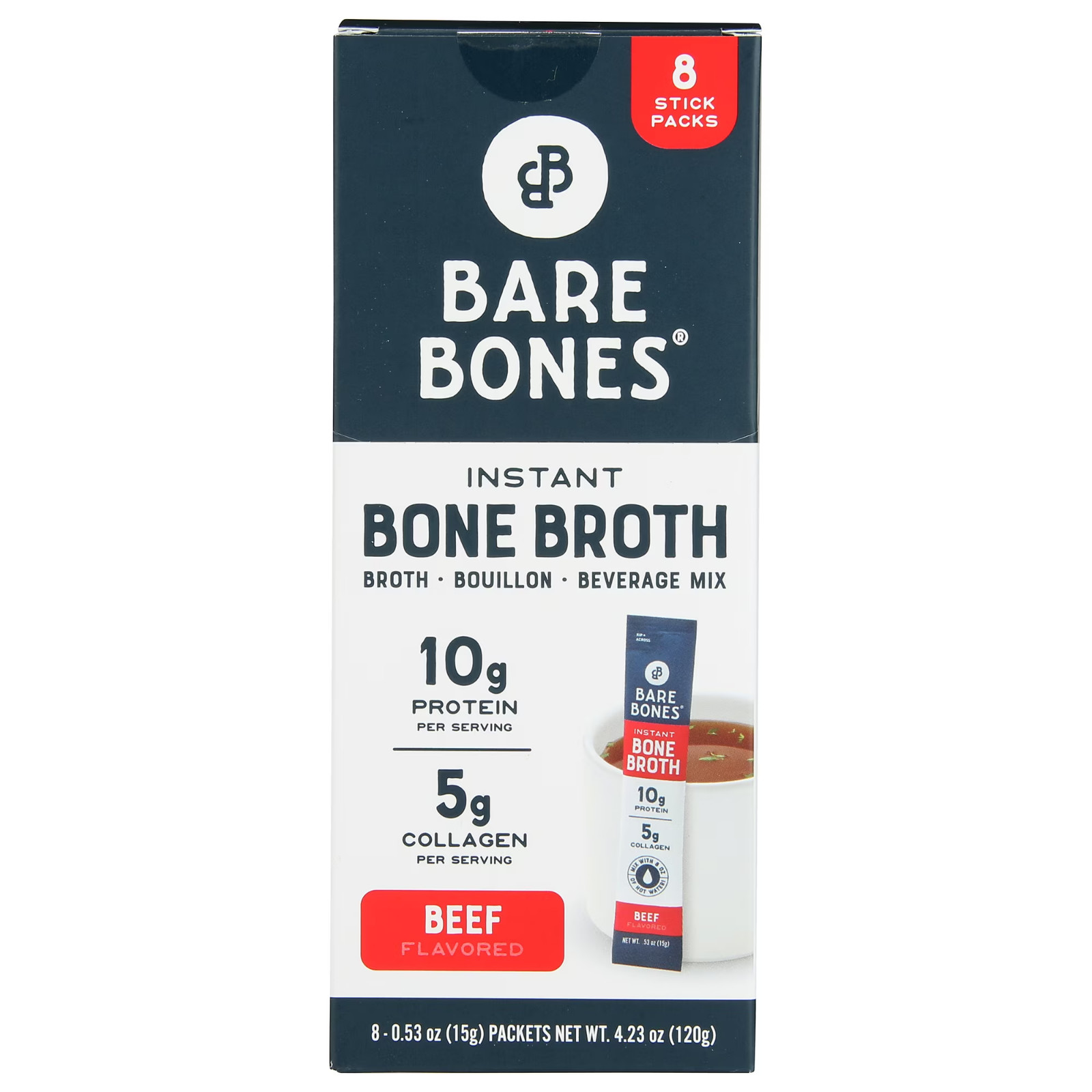 Bare Bones Instant Beef Bone Broth Sticks, 10G Protein, 4.23 oz, 8 Count….