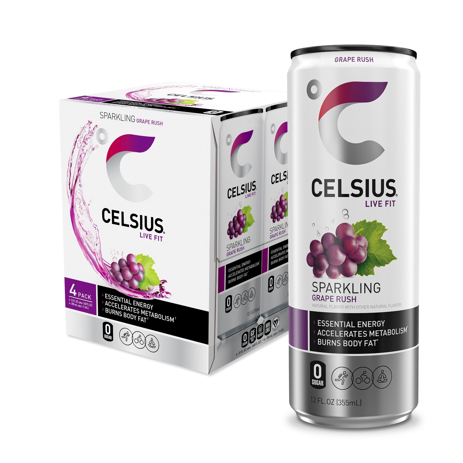 CELSIUS Sparkling Grape Rush, Functional Energy Drink 12 fl oz Can (Pack of 4)