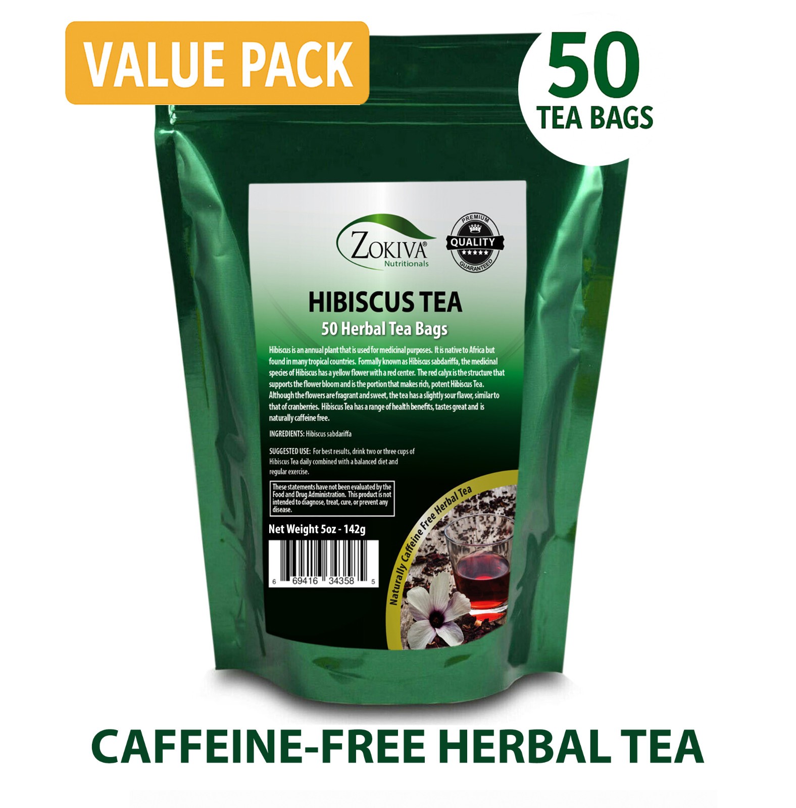 Zokiva Hibiscus Tea 50 Bags | Herbal Caffeine-Free | Value Pack Great Flavor