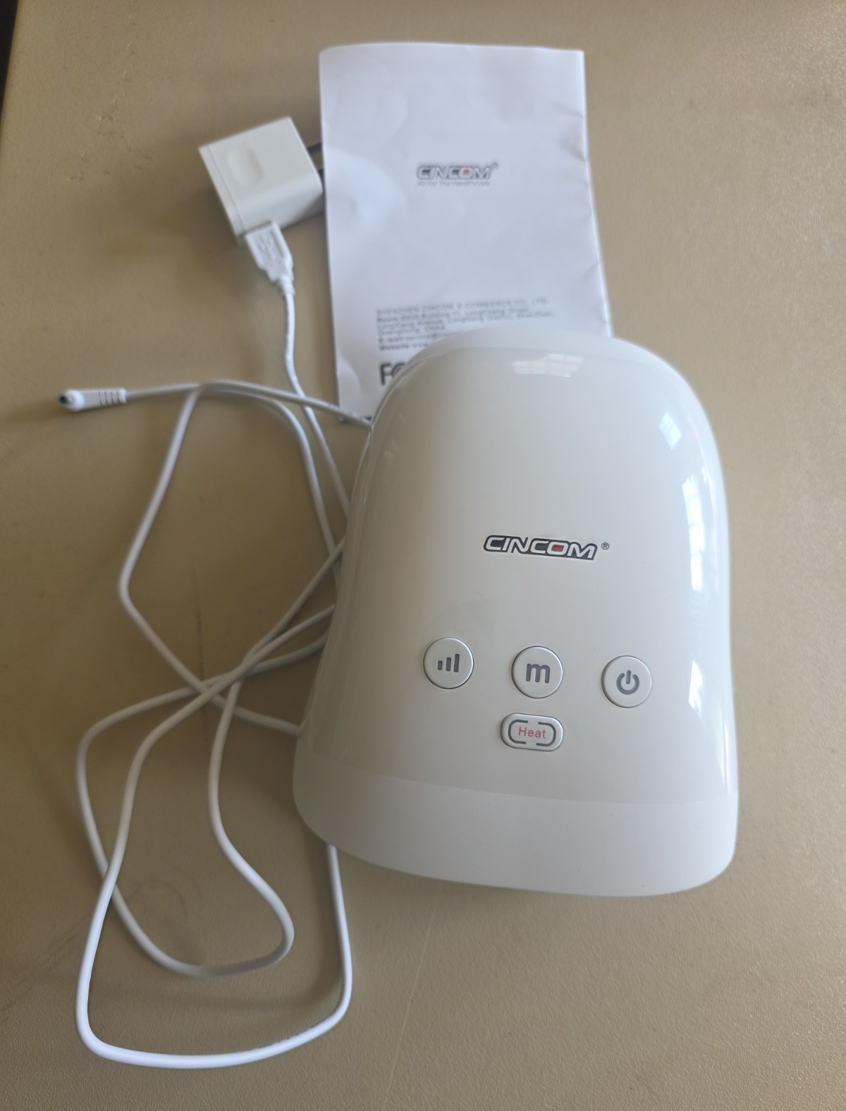 CINCOM CM-026H Heated Hand Massager, Corded 5V USB, CE/FCC/RoHS, White
