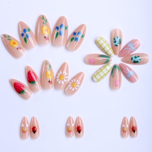 Almond Press on Nails Acrylic Fake Nails with Cute Strawberry, Flower & Long 17