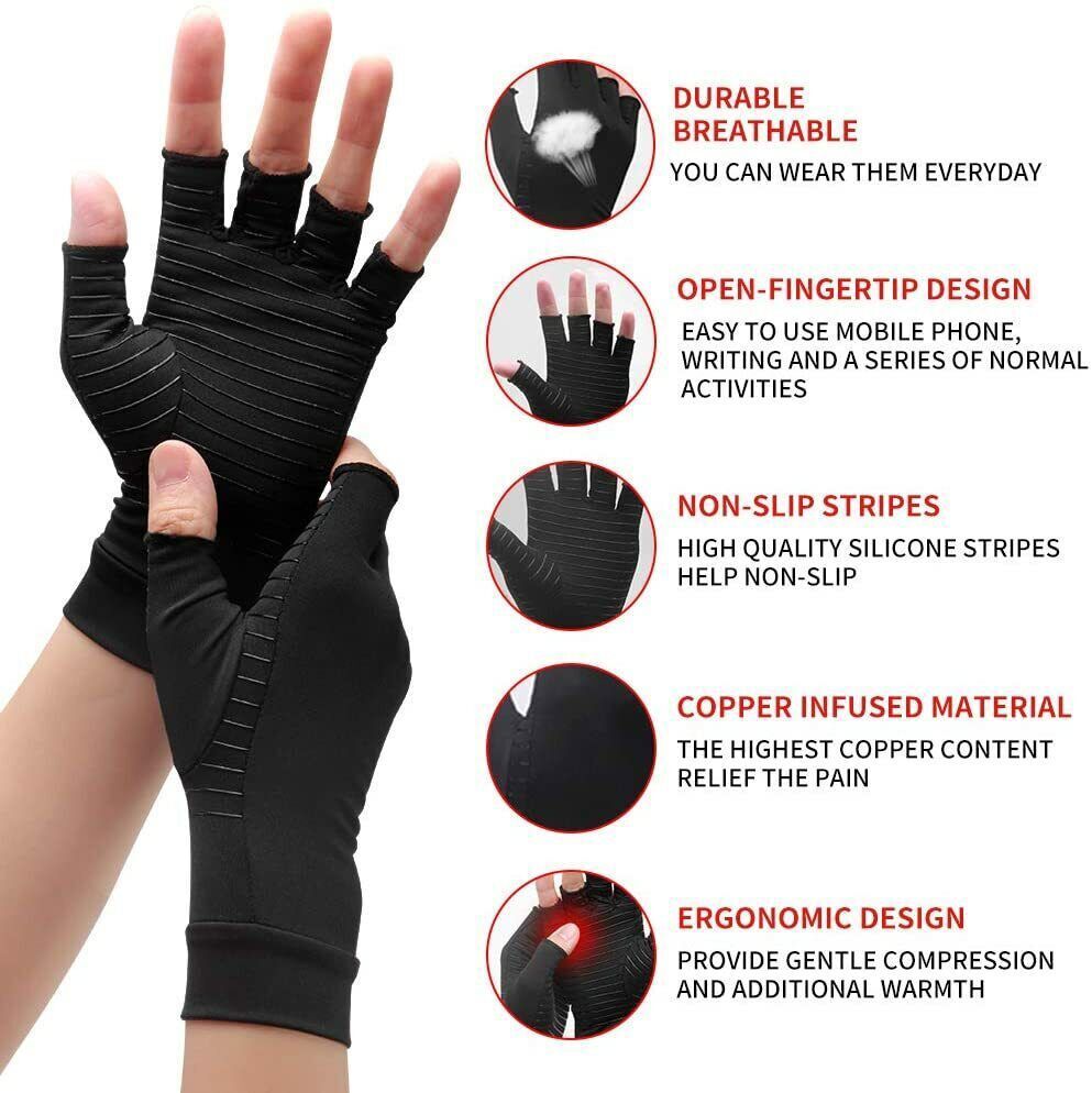 2 Pairs Copper Compression Arthritis Gloves Carpal Tunnel Joint Pain Relief Hand