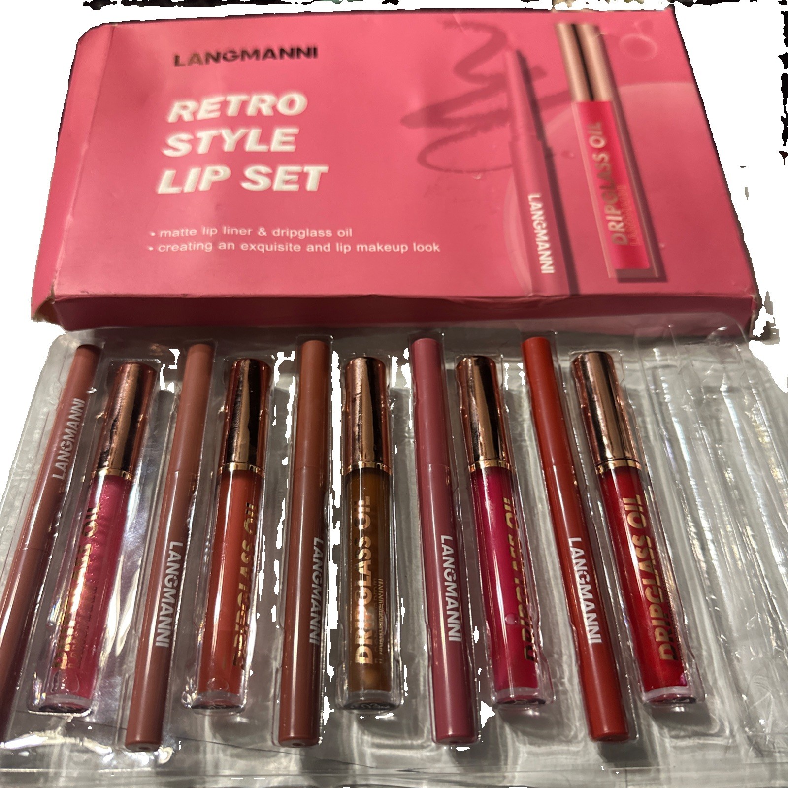 LANGMANNI Retro Style Lip Set 10pc Lip Liner & Lip Gloss Oil, Multicolor