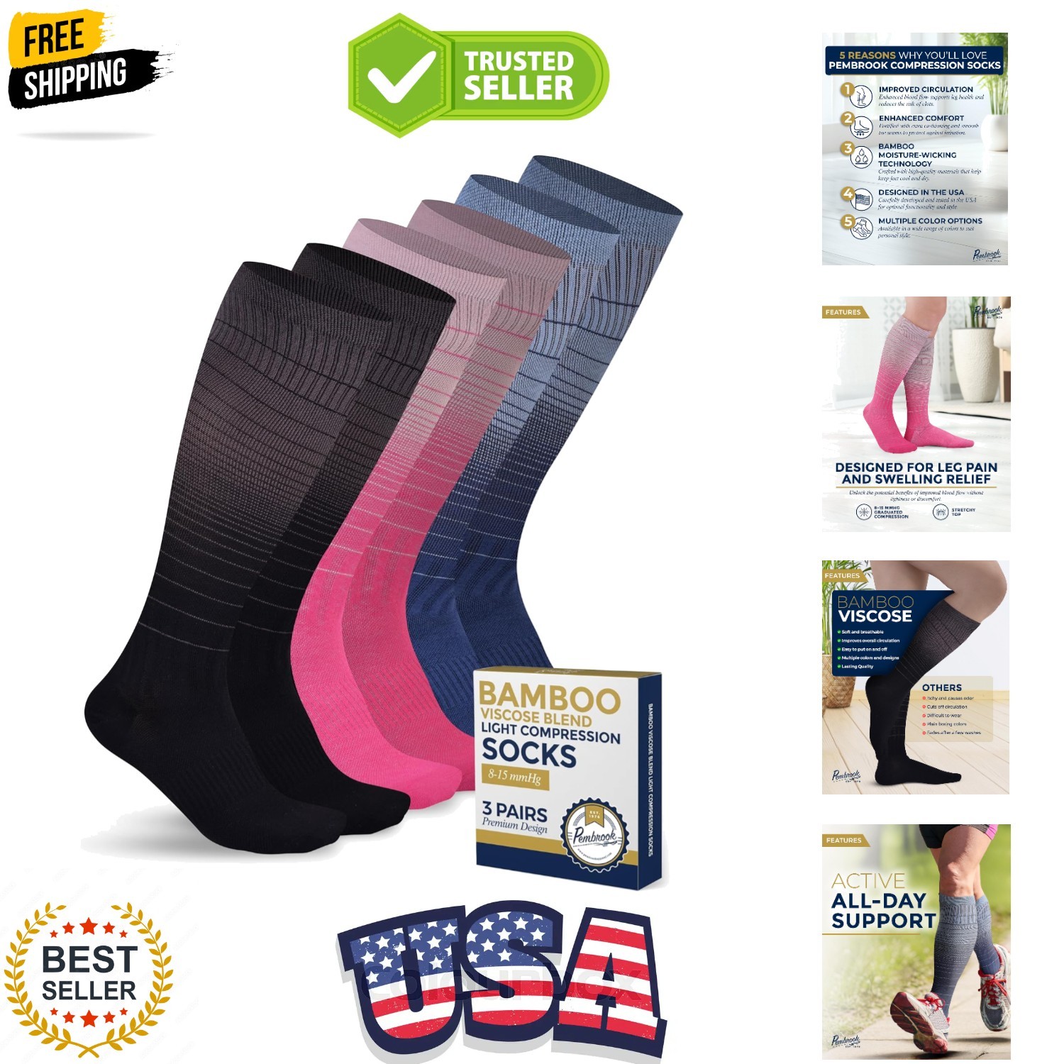 Bamboo Viscose Light Compression Socks – 3 Pairs | 8-15 mmhg Compression Sock…