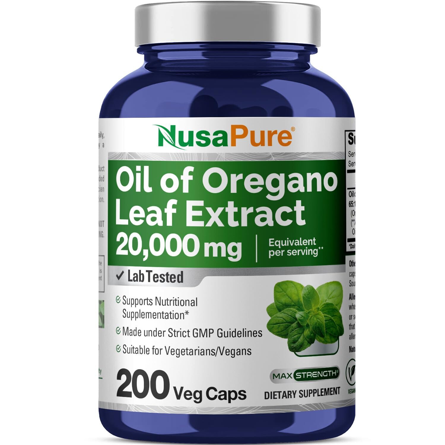 NusaPure Oregano Oil Extract 20000mg | 200 Powder Veggie Capsules