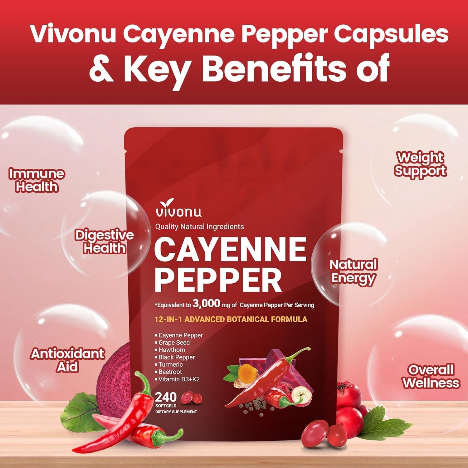 VivoNu Cayenne Pepper Softgels Supplement, Supports Leg Vein, Heart and Blood Ve