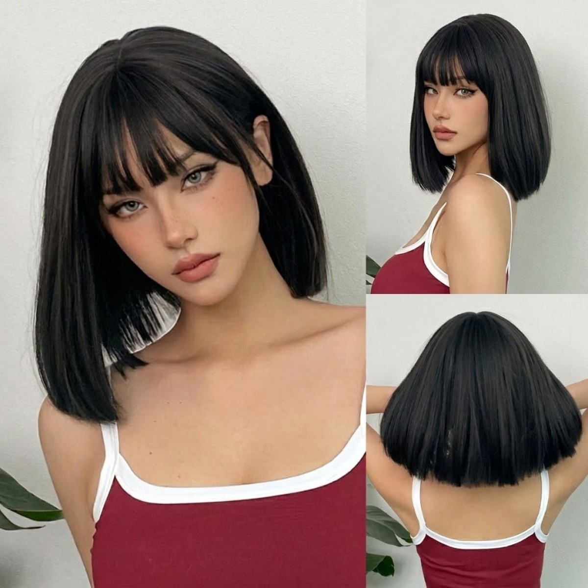 Heat Resistant Hair Layered Black Cosplay Wig With Bangs Short Straight Natural