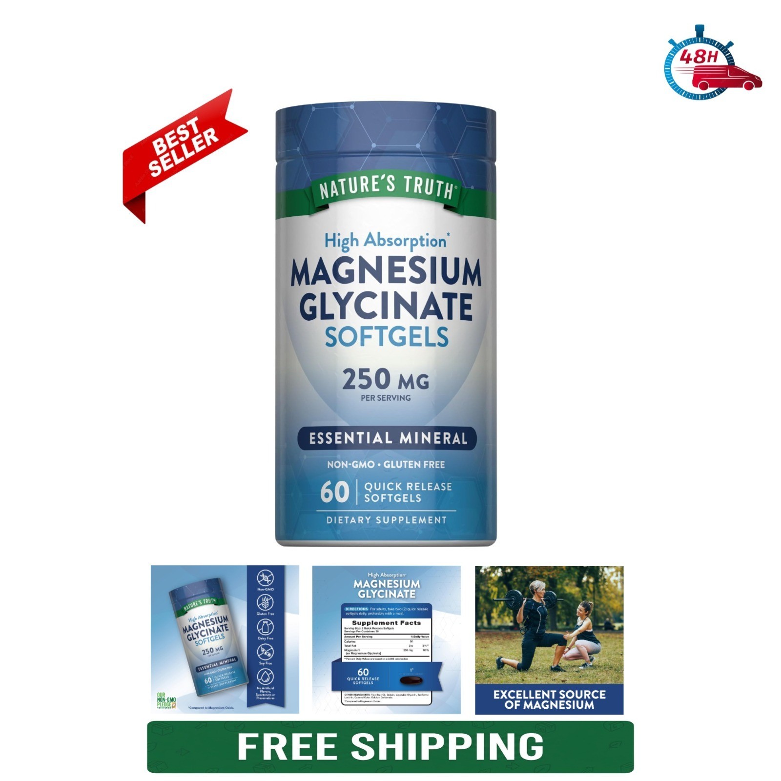 Nature’s Truth Magnesium Glycinate Softgels 250mg 60 Pills Non-GMO Gluten Free