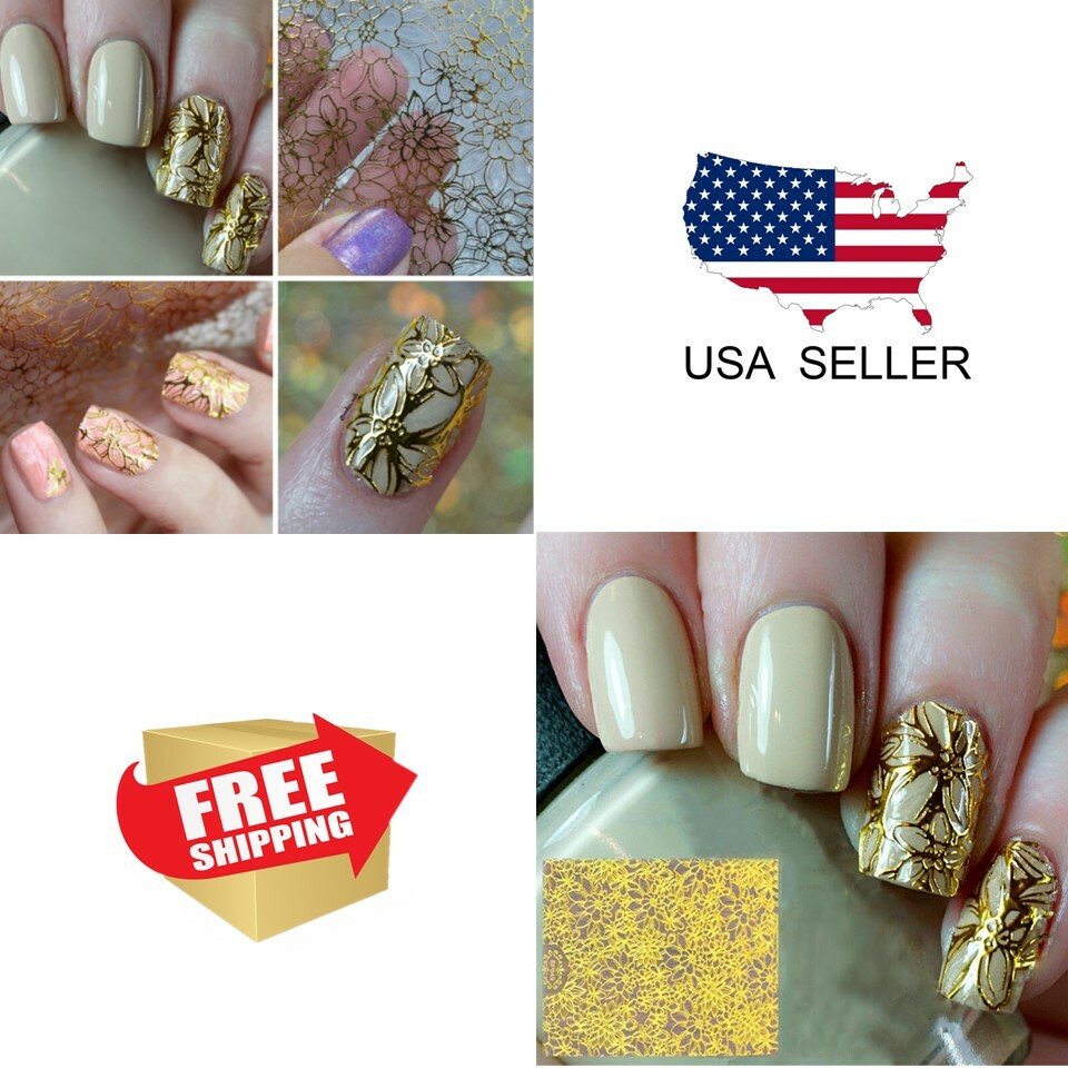 Embossed 3D Nail Stickers Gold Blooming Flower Nail Art Tips Decals Decoration