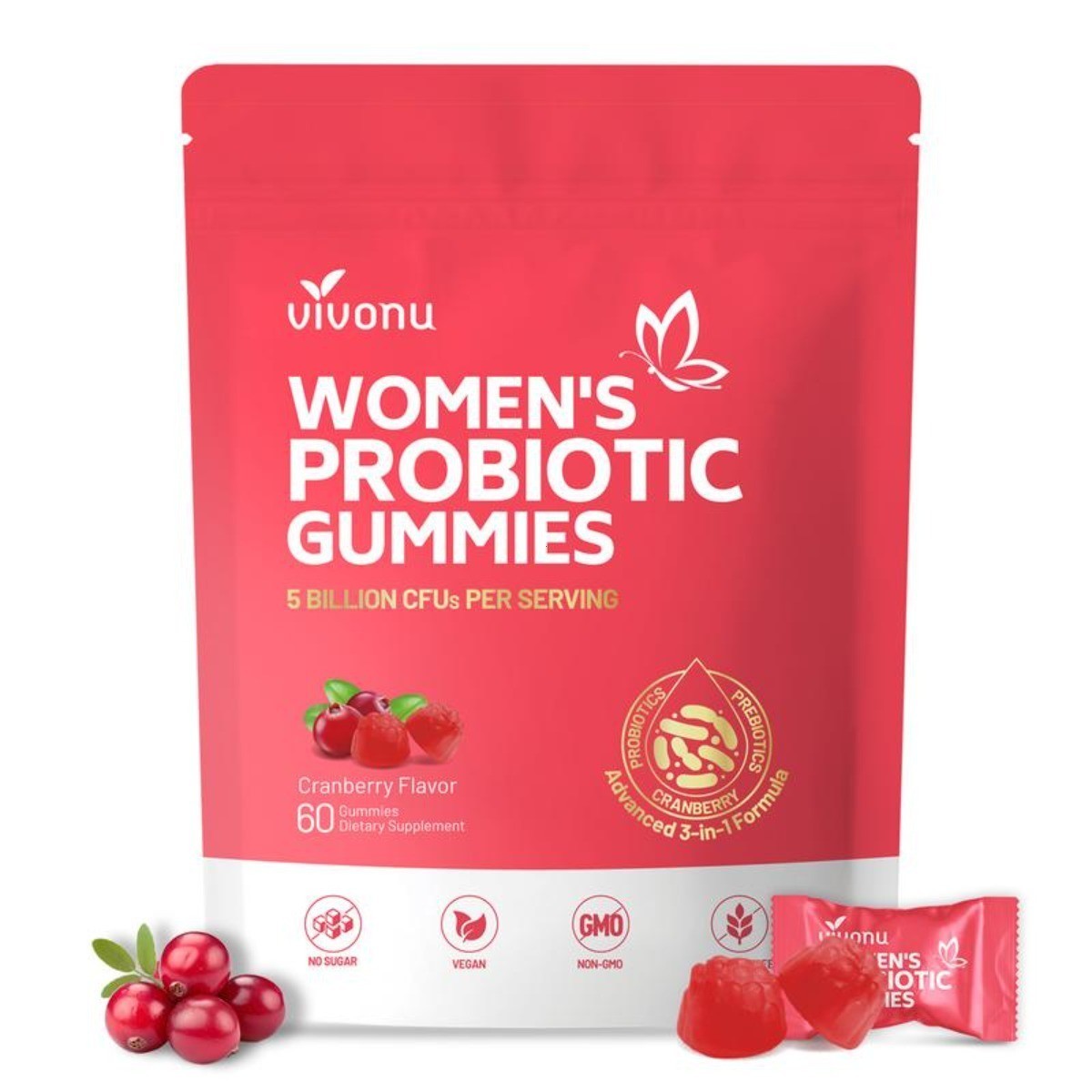 VivoNu Women Probiotic Gummies – Cranberry for pH Balance & Odor Support, 60ct