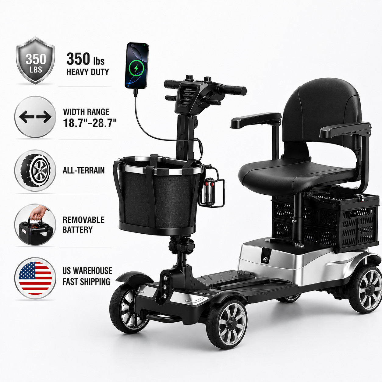 4 Wheel Mobility Scooter for Adults 350lbs Heavy Duty Wide Seat Electric Powered