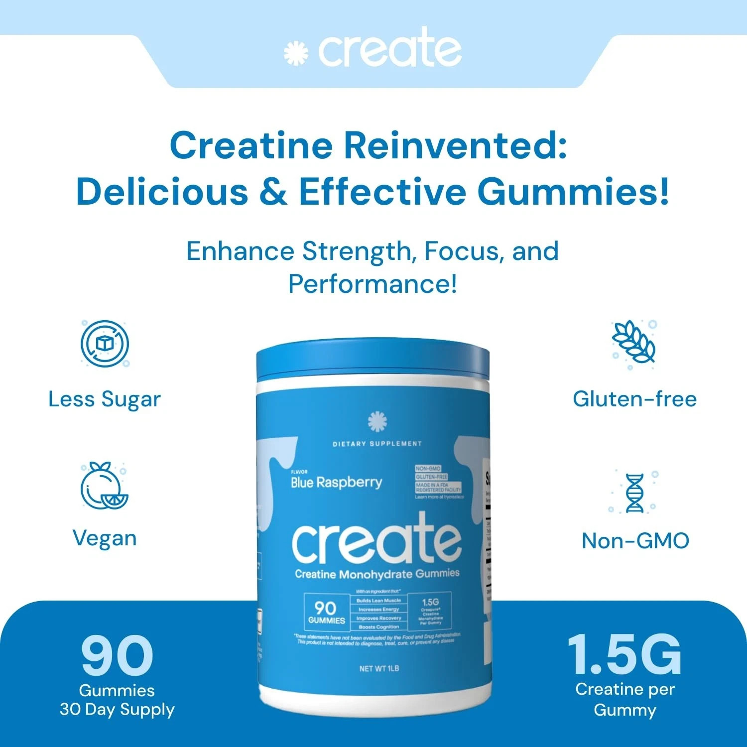 Create Creatine Monohydrate Gummies for Men & Women, Boost Focus – 90 Gummies