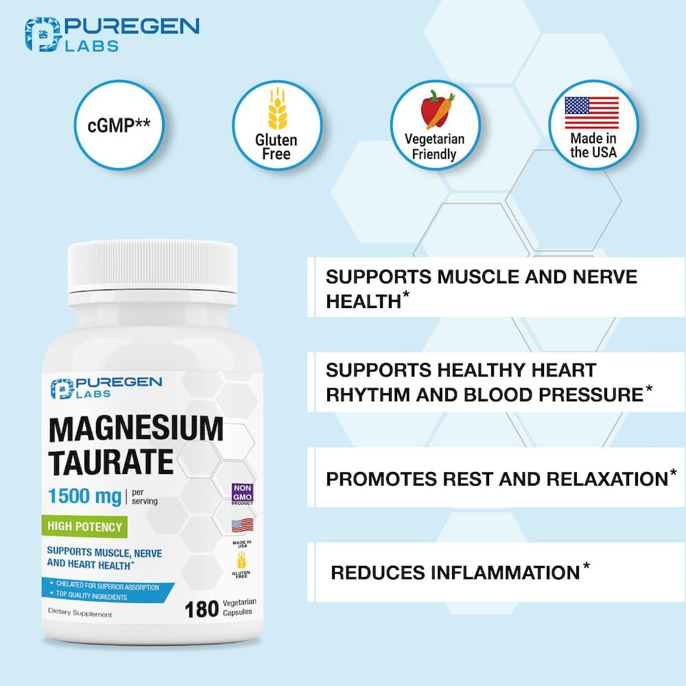 Puregen Labs Magnesium Taurate 1500mg per Serving High Potency 180 Veggie Caps