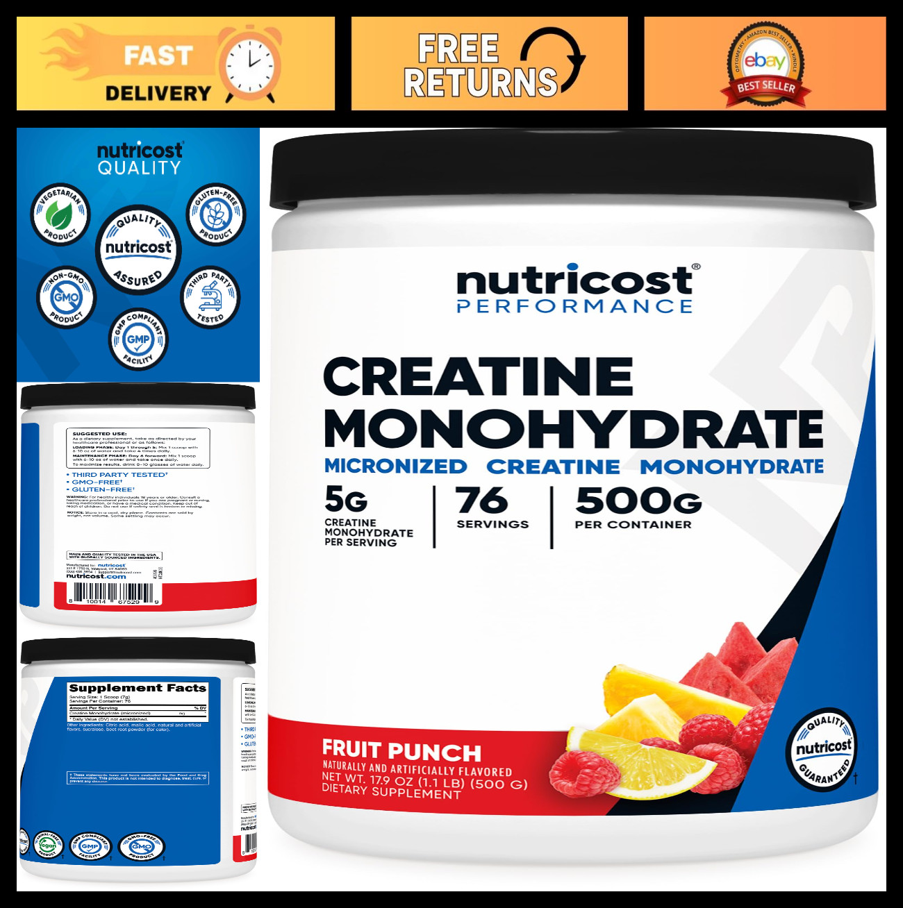 Creatine Monohydrate Powder – Fruit Punch Flavor, 500g – Muscle Growth & Energy