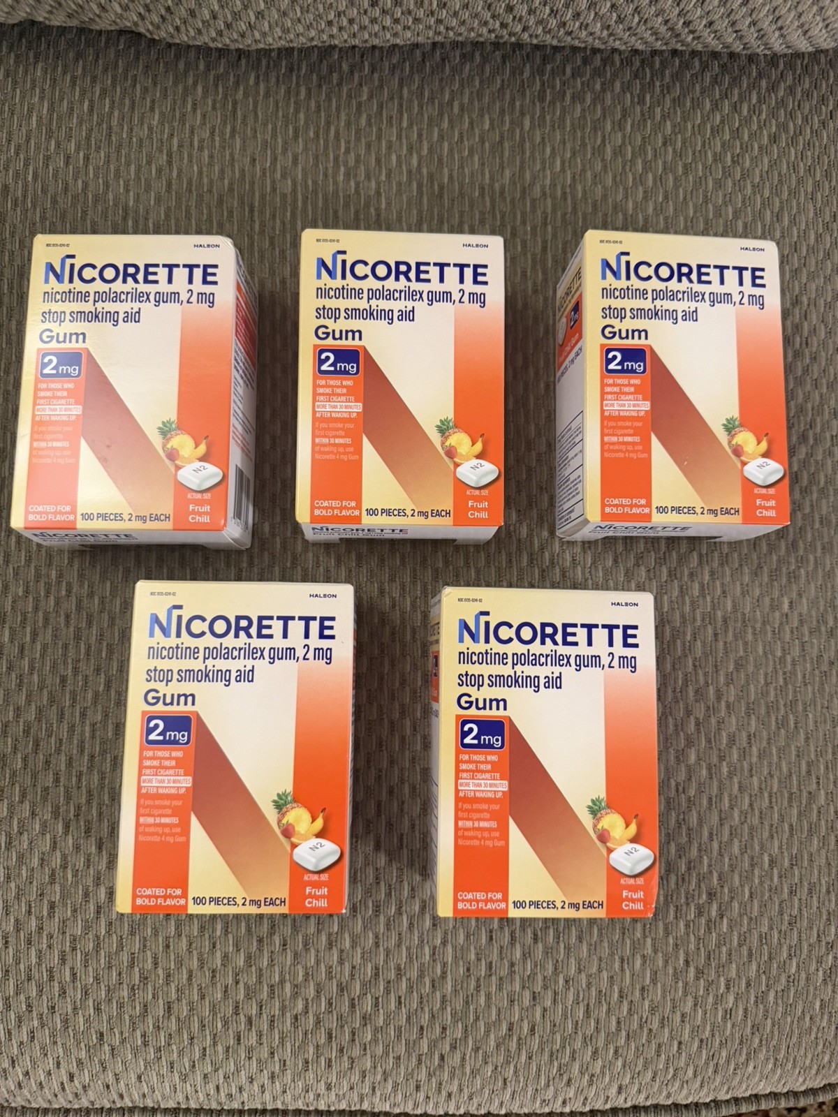 LOT OF 5 – Nicorette 2mg Nicotine Gum Fruit Chill 100 Pieces EXP 10/2028