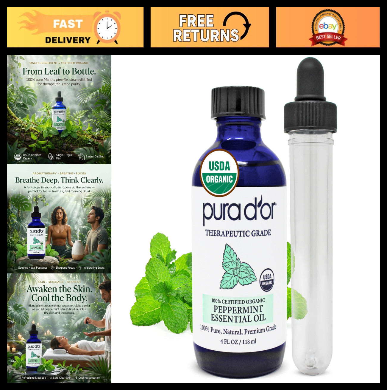 100% Pure Organic Peppermint Essential Oil 4oz with Dropper – Aromatherapy, Skin