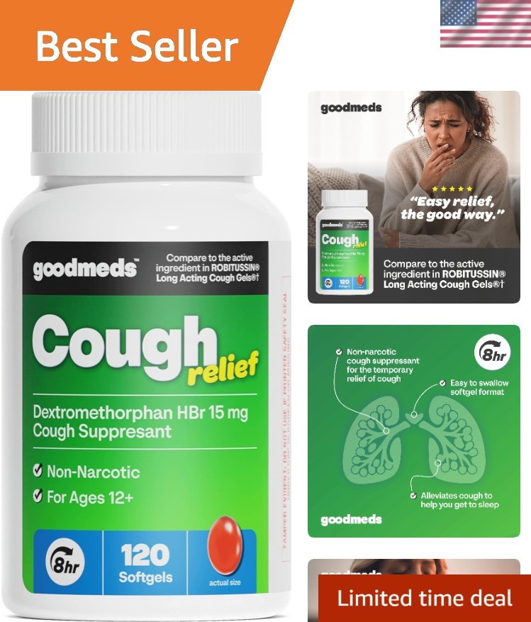 Cough Relief for Adults Softgels Dextromethorphan HBr DXM 15mg 8Hour, Non-Dro…